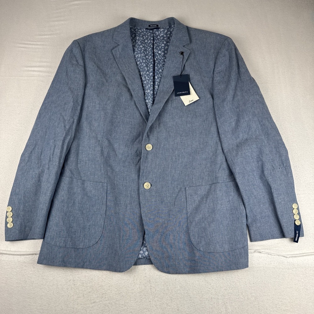 New! Crown & Ivy Mens Blue Blazer 48R Linen Cotton blend Breathable Preppy